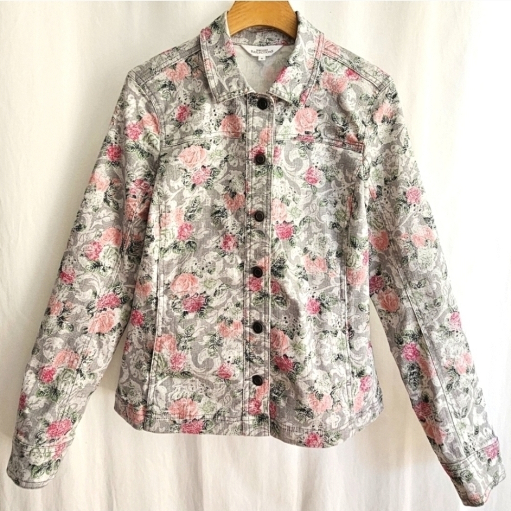 Northern Reflections Grey & Pink Floral Jacquard Button Jacket